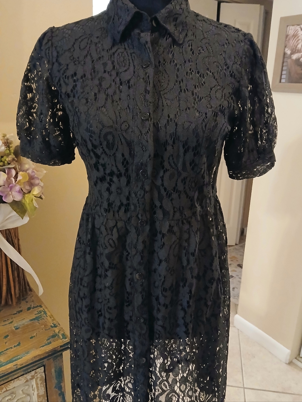 NWT--BUTTON DOWN BLACK SHEER LACE DRESS, SMALL